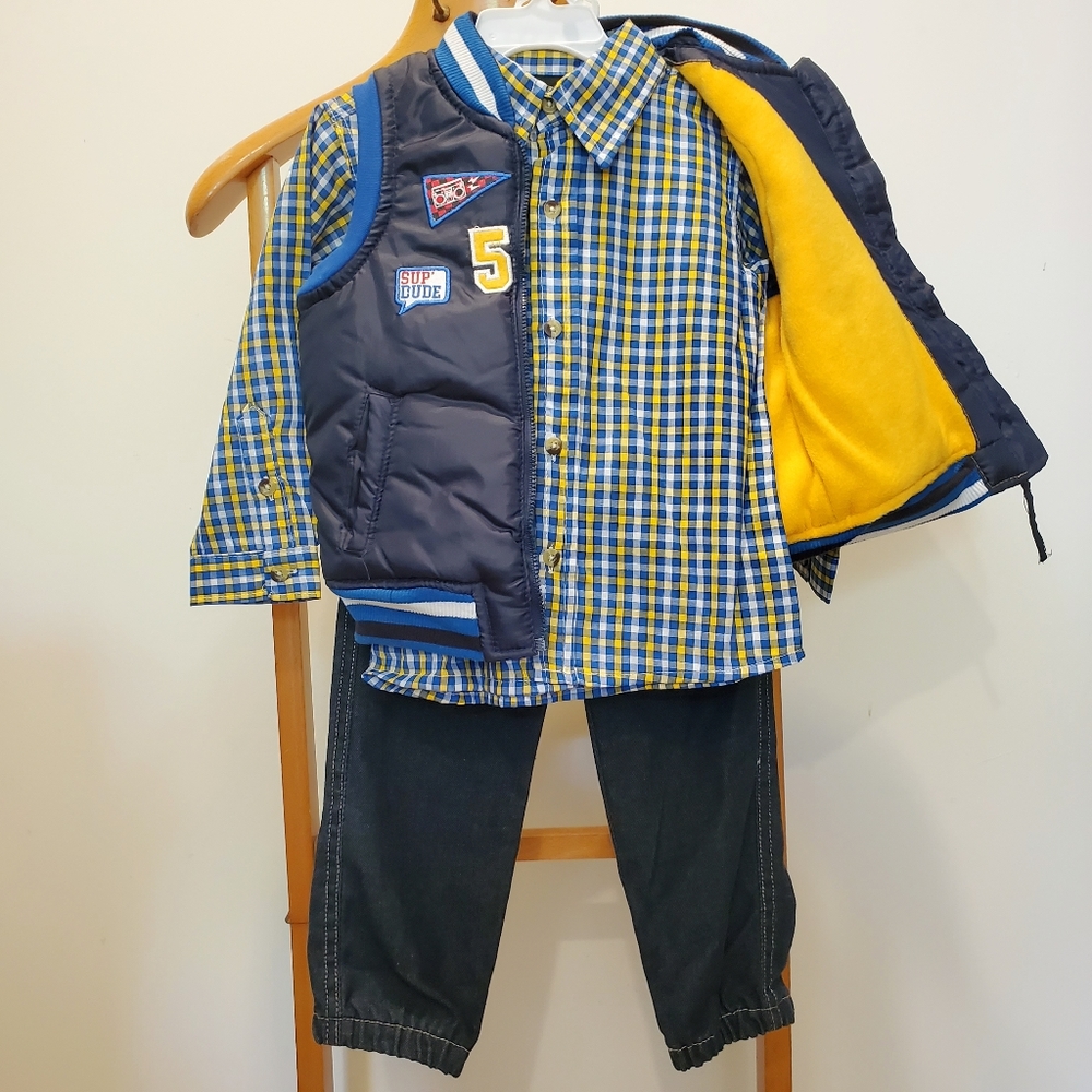 Little Rebels 3 Piece Outfit Joggers Plaid Vest 4T